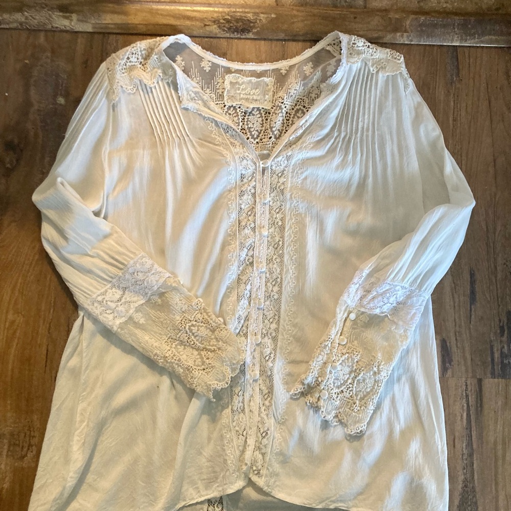 Johnny Was | Love Ivory + Ecru Lace-Trim Pintuck Victorian Boho Romantic Top S - Picture 12 of 16